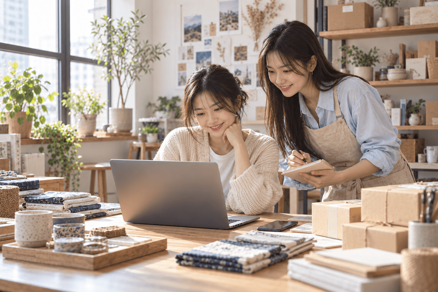 兩位年輕女性在小型企業工作室一同查看客戶查詢的情境圖片